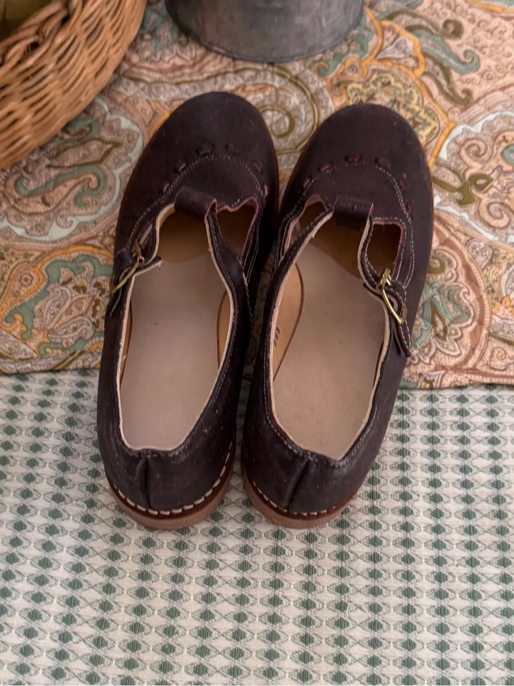 Vintage Handmade Dark Brown Suede Mary Jane Leather Shoes with Buckle Sz 3
